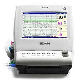 A front view of the Edan F6 Fetal Monitor with the color screen active and transducers resting on the left side of the unit.