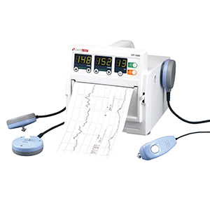 CardioTech GT-1000 Fetal Monitor with parameters displayed, printout and transducers attached to the monitor.