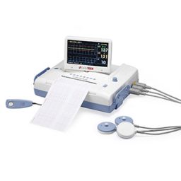 Front view of the CardioTech GT-1200 Fetal Monitor with parameters on the screen, a full printout and transducers plugged into the unit.