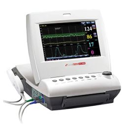 CardioTech GT-1400 Fetal Monitor with the screen folded up and parameters actively monitoring. Transducers are attached on the left side of the unit.