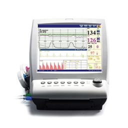 A front view of the Edan F9 Express Fetal Monitor with the color screen active and the transducers resting on the left side of the unit.