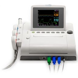 Wallach2EMR Fetal Monitor with the screen tilted up displaying parameters. The transducers are connected to the fetal monitor and rest on the left side the unit.