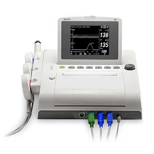 Front view of the Edan F2 with screen titled up, parameters displayed and transducers resting on the left side of the unit.