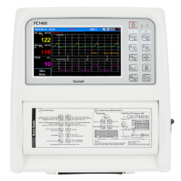 An overhead shot of the Bionet TwinView FC 1400 Fetal Monitor with the display on and 10 smart keys.