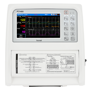 An overhead shot of the Bionet TwinView FC 1400 Fetal Monitor with the display on and 10 smart keys.