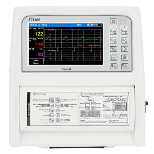 An overhead shot of the Bionet TwinView FC 1400 Fetal Monitor with the display on and 10 smart keys.