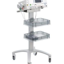 A front angled shot of the Huntleigh Sonicaid FM830 Encore Acute on rolling stand and transducers attached.