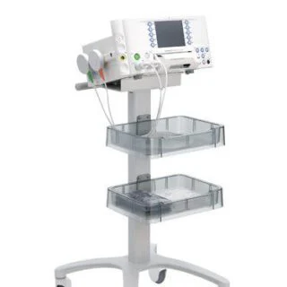 A front angled shot of the Huntleigh Sonicaid FM830 Encore Acute on rolling stand and transducers attached.