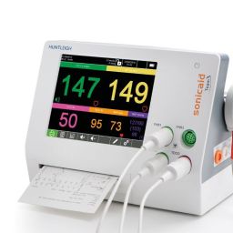 The Huntleigh Soncaid Team3 Series Fetal/Maternal Monitor with fetal parameters active on the screen, a printout and transducers attached on the front and side of the monitor.