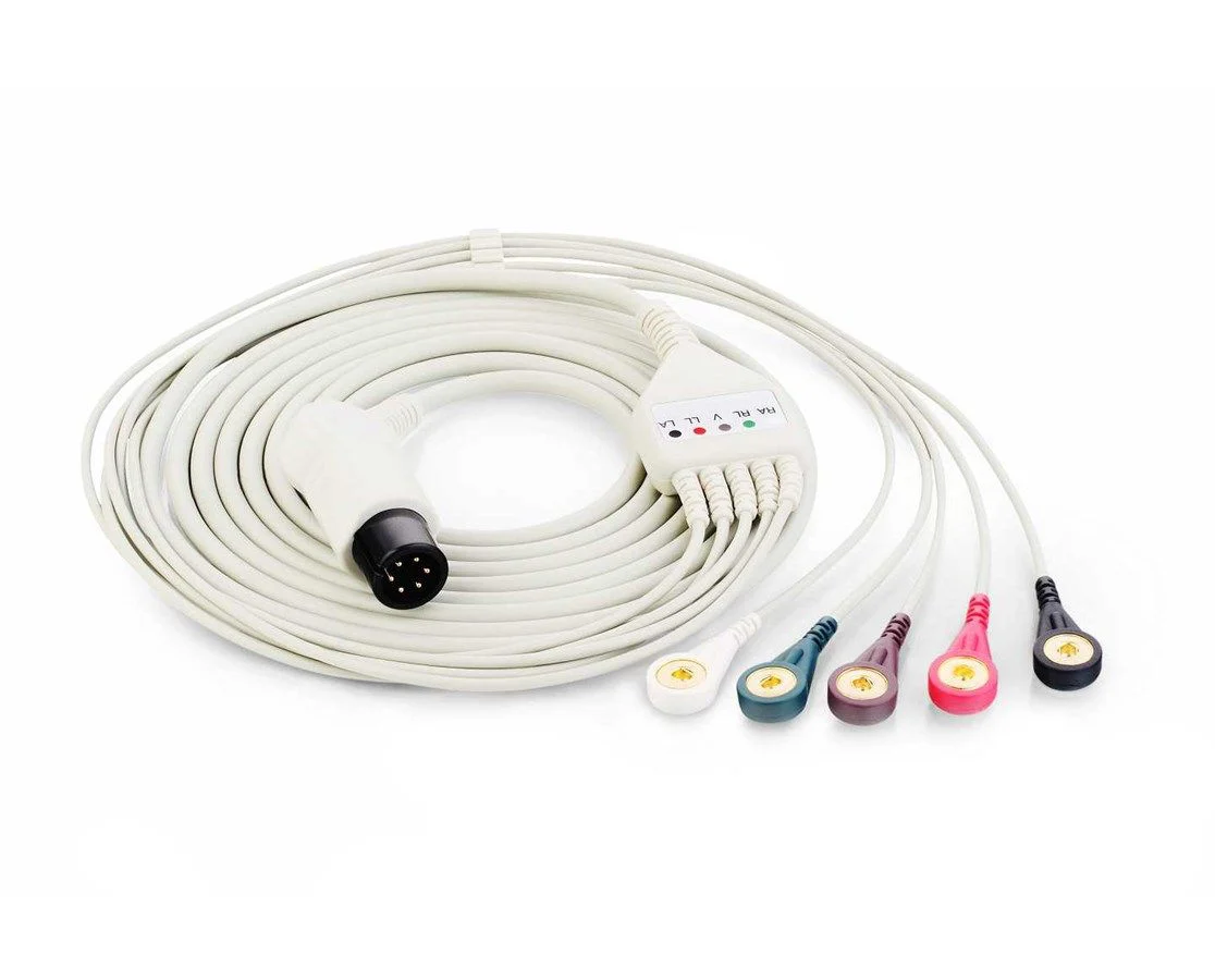 Edan 5-lead ECG integrated cable with snap lead wires (AHA, Defibrillation)
